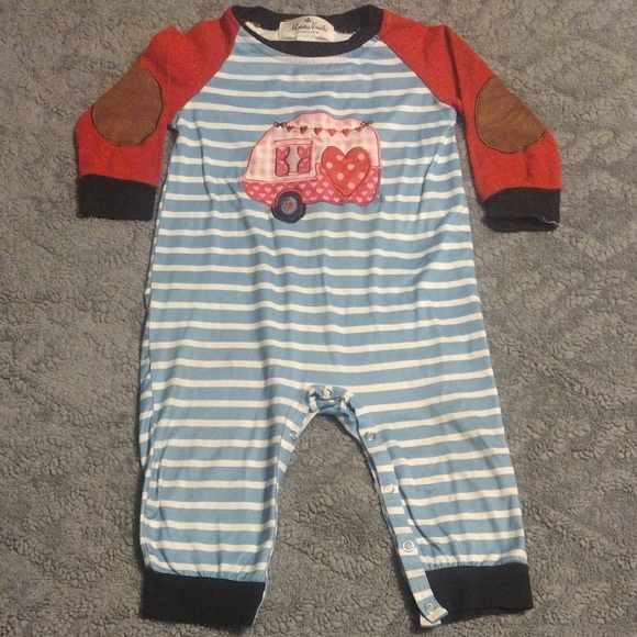 Marie Nicole Other - Striped Blue & White Caravan Appliqué Footie with Red Raglan Sleeves